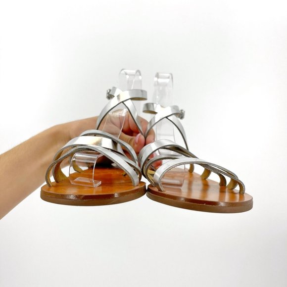 SOLD J. Crew Silver Mirror Metallic Leather Cross Strap Strappy Flat Sandals 6 - Picture 8 of 12